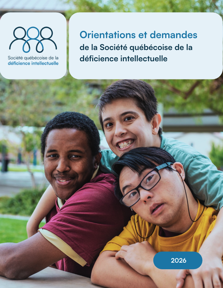 Logo de la Société québécoise de la déficience intellectuelleOrientations et demandes de la Société québécoise de la déficience intellectuelletrois personnes (une personne noire, une personne blanche et une personne d'origine asiatique) dehors dans un parc posent pour la caméra2026